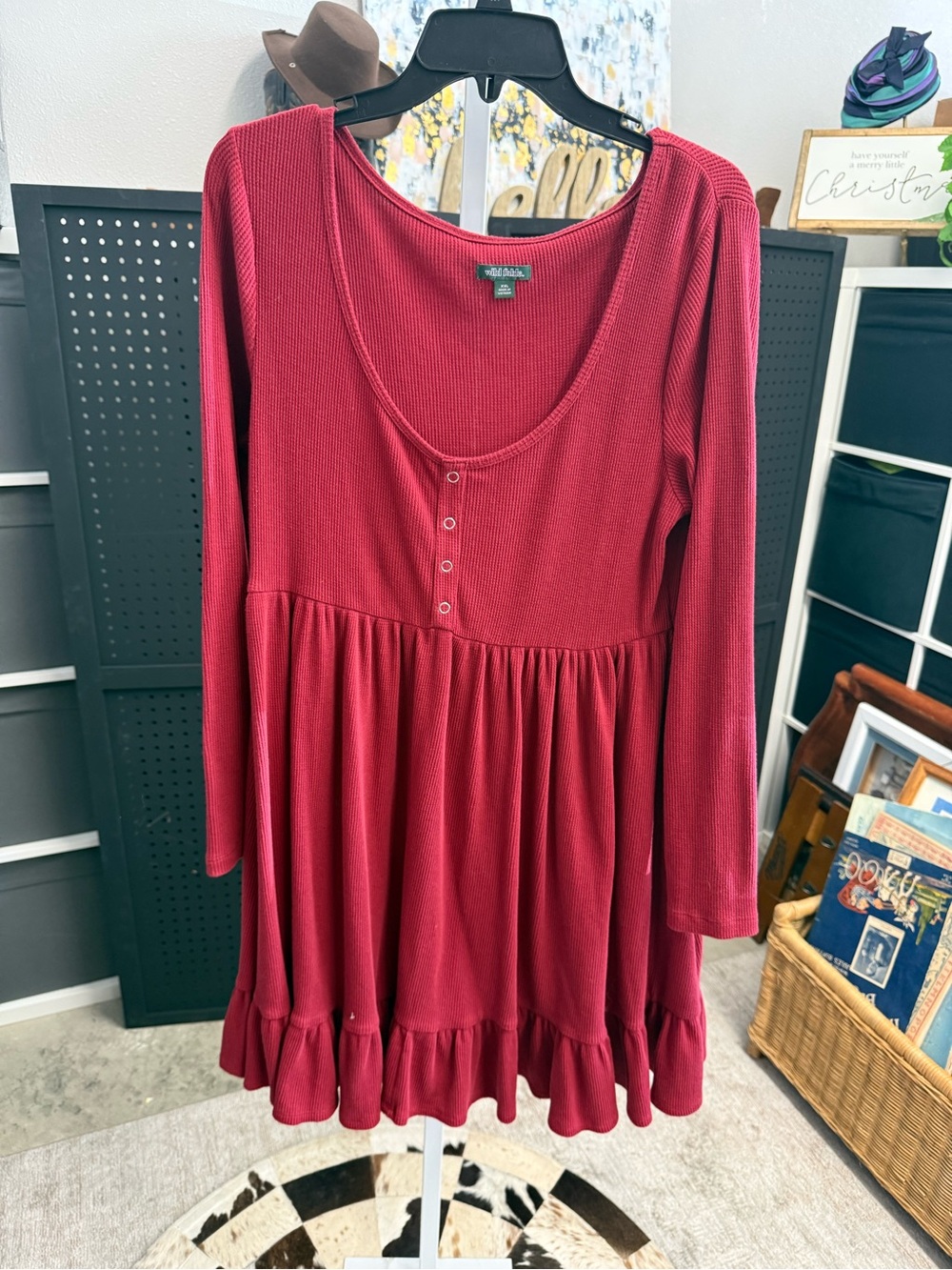 Wild Fable Waffle Knit Scoop Neck Peplum Tunic Dress in Deep Berry